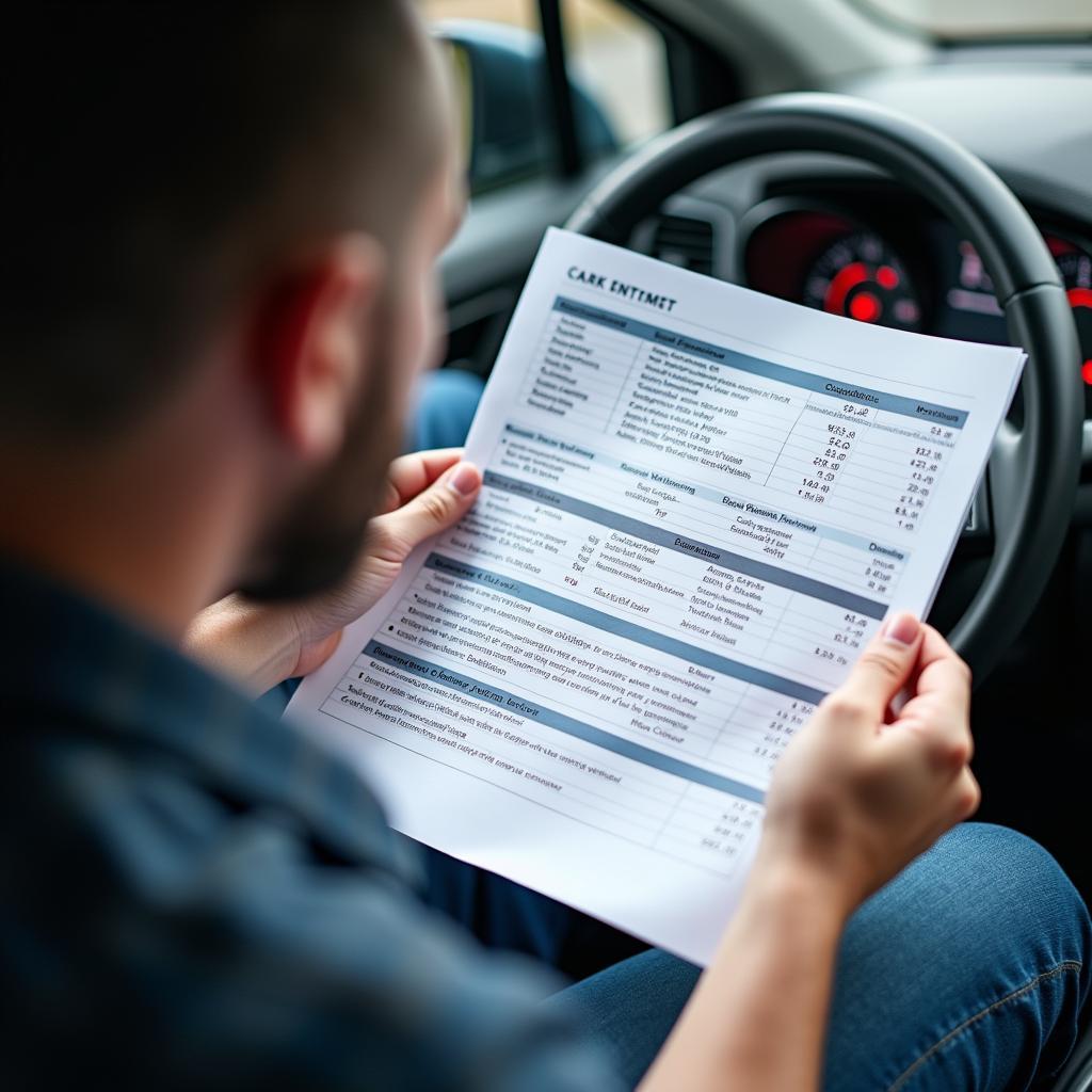 Customer carefully reviewing a car repair estimate