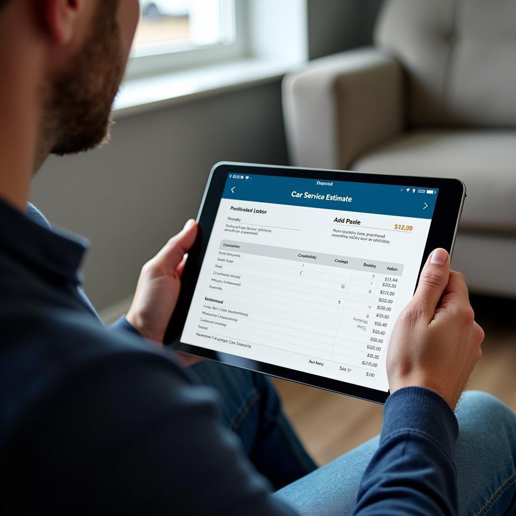 Customer Reviewing a Detailed Car Service Estimate on a Tablet