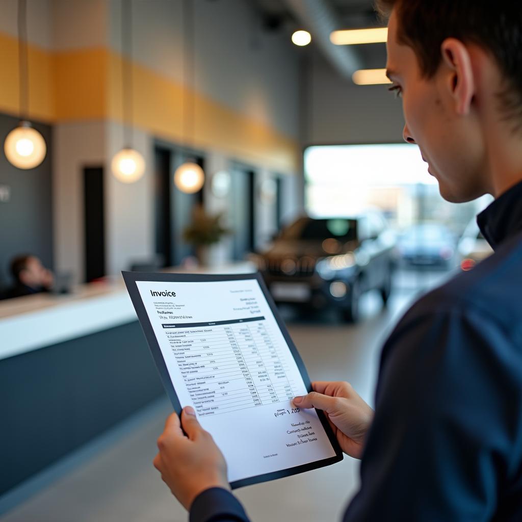 Customer Reviewing Invoice at Car Service with Ombre Decor