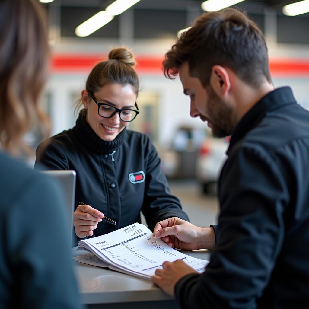 Client examinant une facture dans un centre de service automobile Bosch