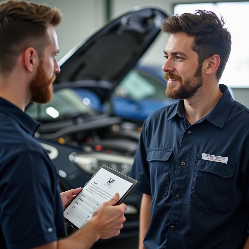 Customer discussing car repair options with a mechanic