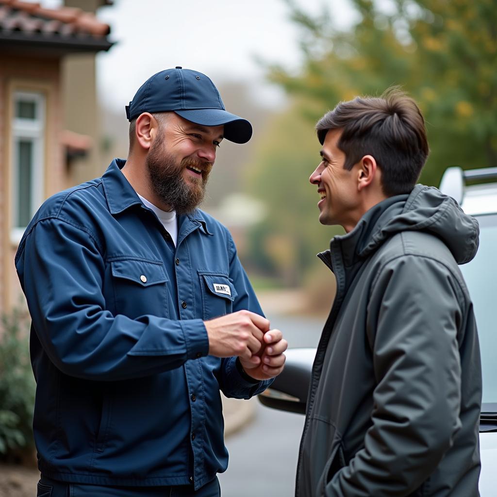 Customer discussing car issues with a mechanic during a doorstep service call.