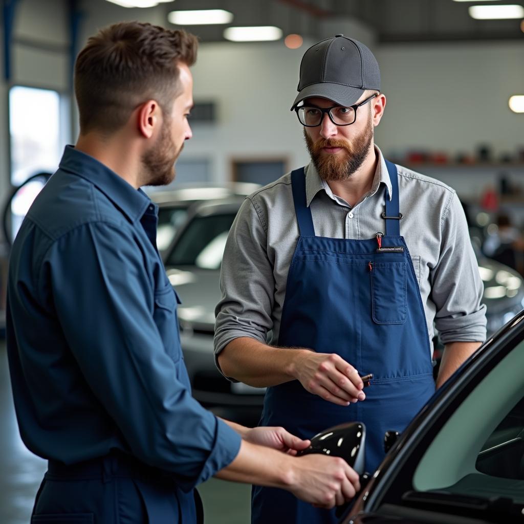 Customer talking to a mechanic about car service in West Los Angeles.