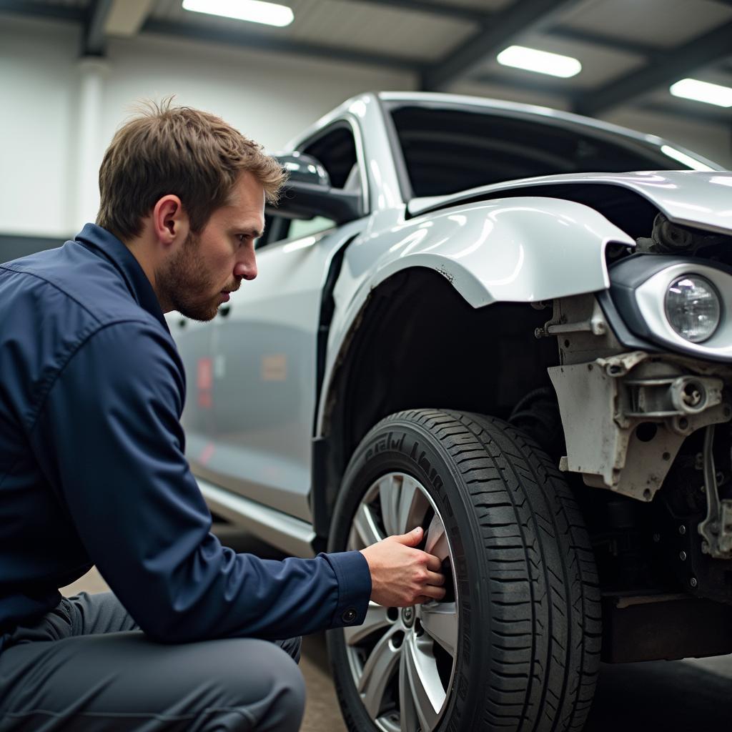 Assessing a damaged car for wrecking.