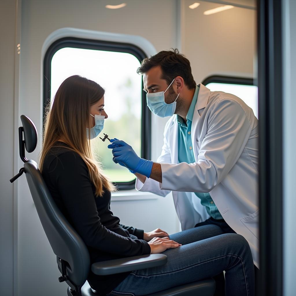 Dentist examining patient inside a mobile dental clinic