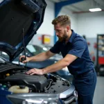 Mechanic Working on a Car in a Dependable Car Service