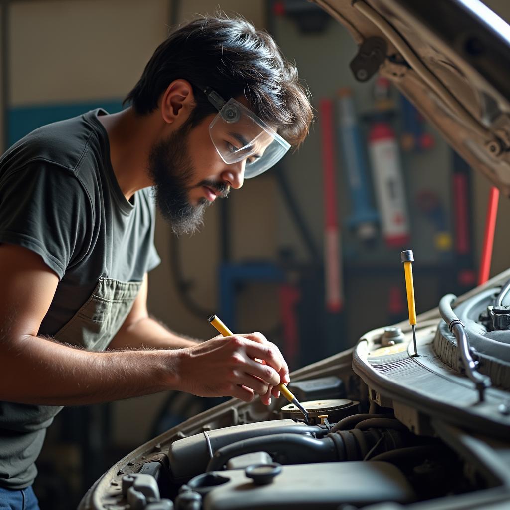 A person performing DIY car maintenance in their Bhilai garage