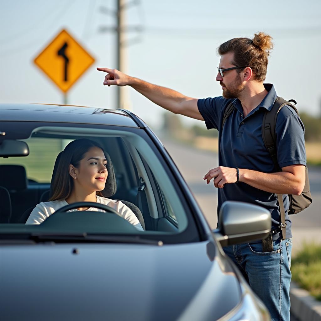 A driving instructor explains traffic rules and regulations to a learner driver in Ali Vihar.