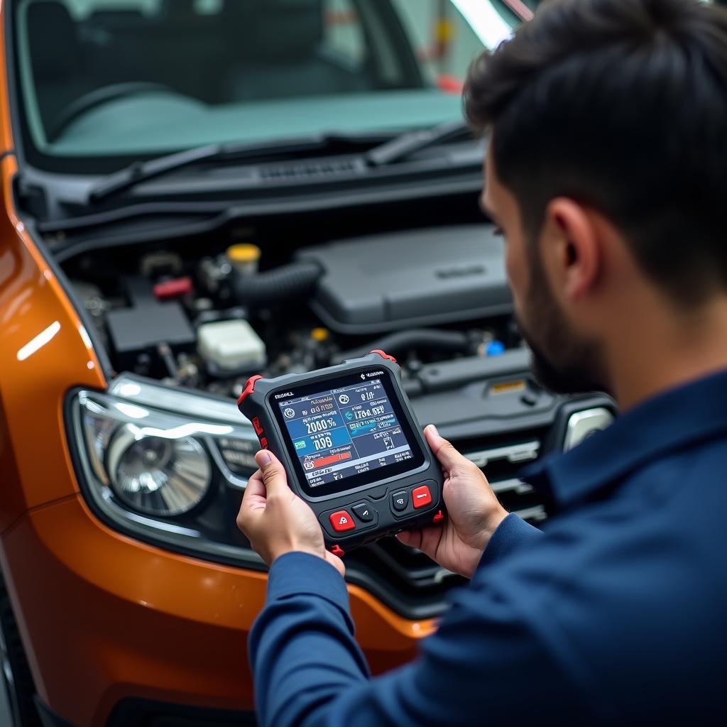 Mechanic using diagnostic tools on a Duster engine in Gurgaon