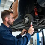 Duster car undergoing suspension check at a service center in Gurgaon