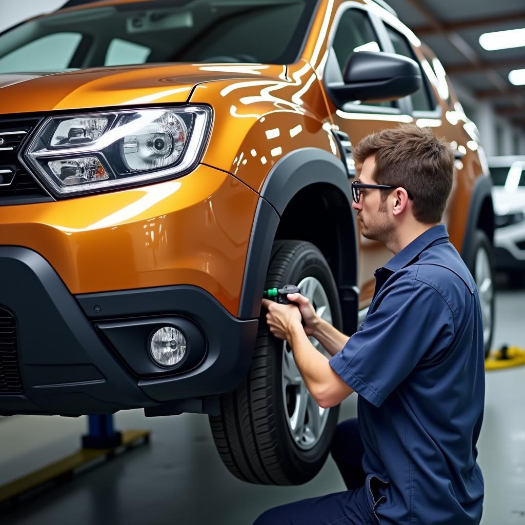 Technician rotating tires on a Renault Duster in Gurgaon