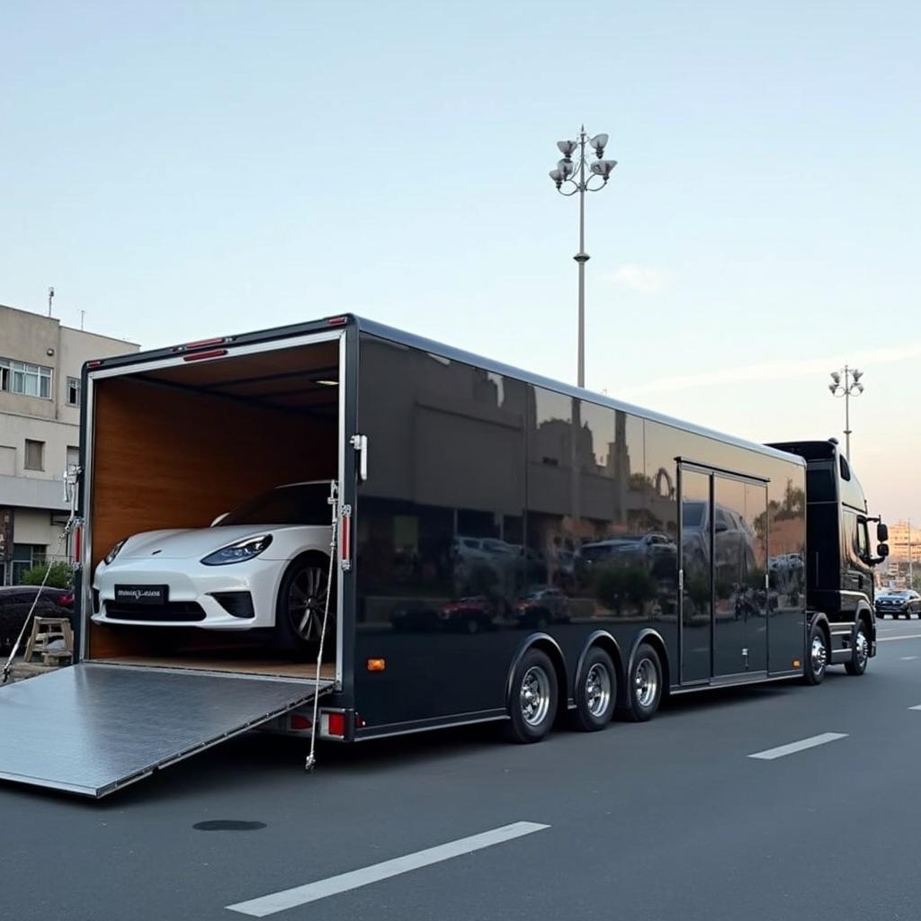 Enclosed car carrier transporting a luxury vehicle from Islamabad to Karachi