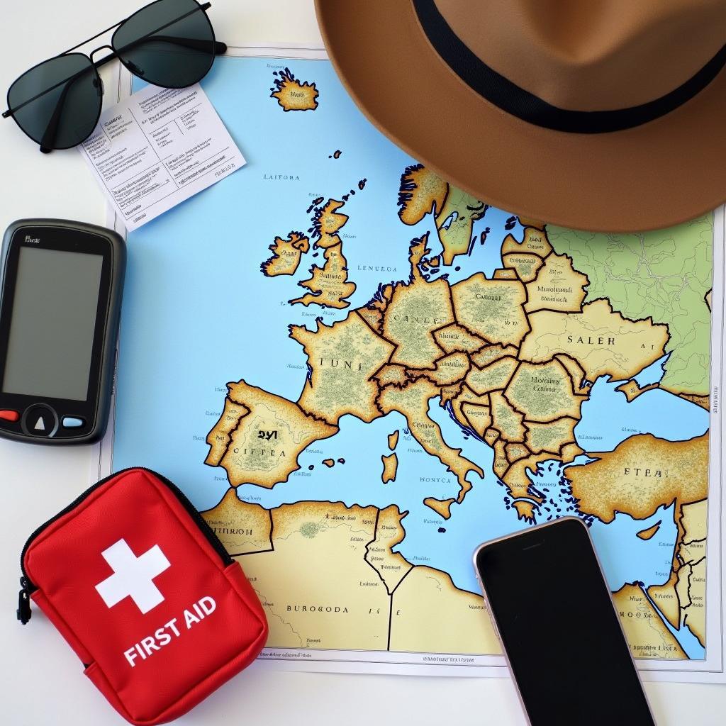 Essential items for a European road trip - map, GPS, first-aid kit, documents