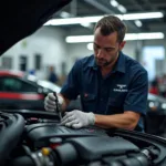 Expert Technician Examining a Luxury Car Engine