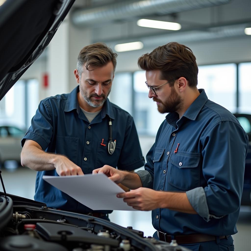 Experienced car service advisor training a junior colleague in Hyderabad