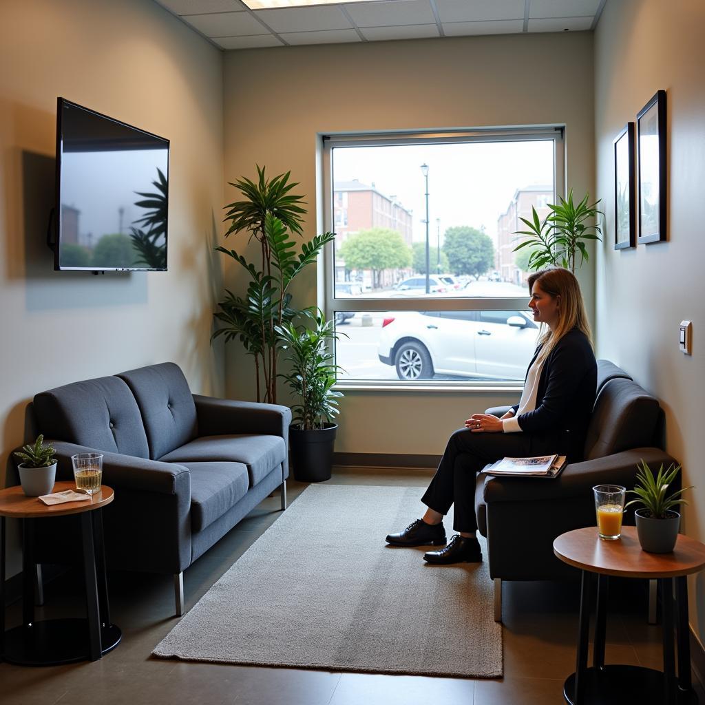 Customer Waiting in a Comfortable Waiting Area of an Express Car Service in Brooklyn