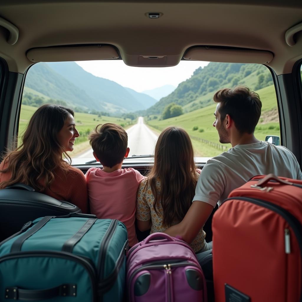 Family traveling in a rental car in India