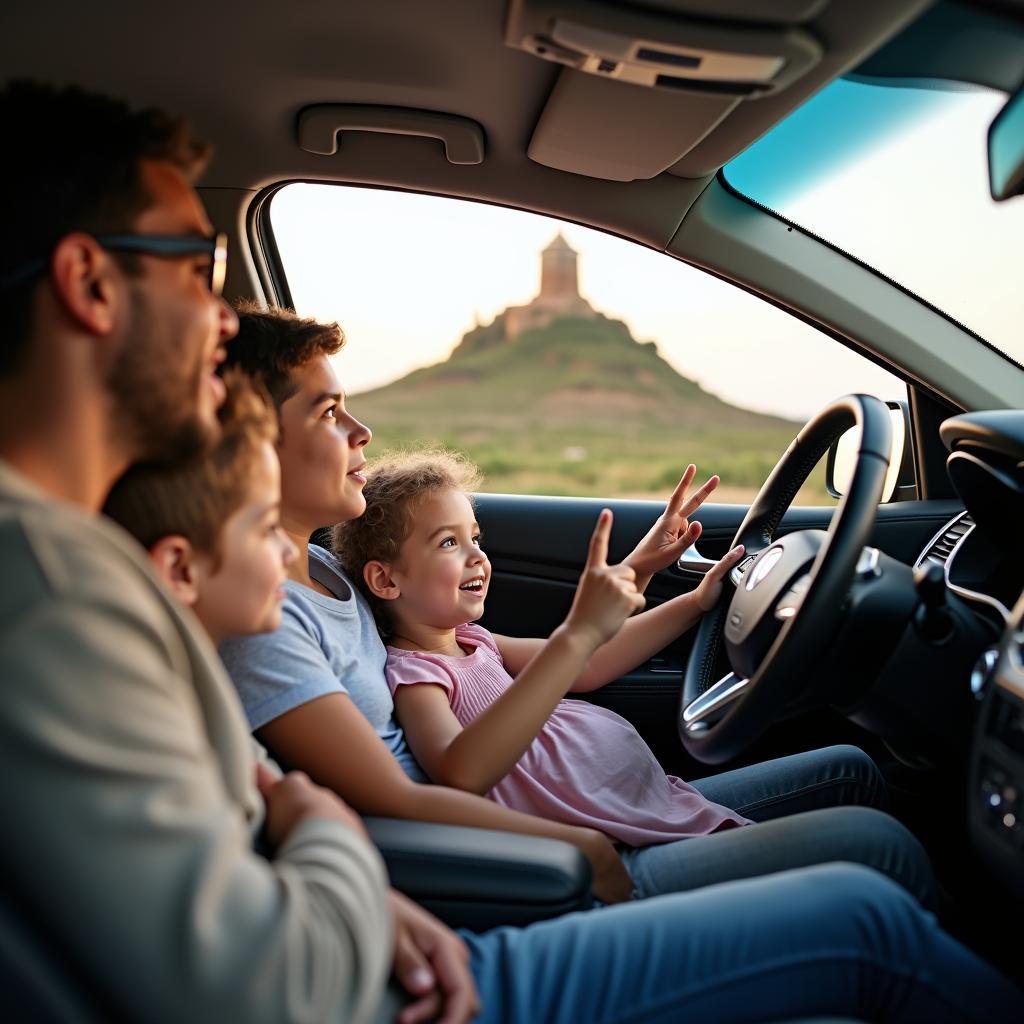 Family using car rental taxi service for sightseeing