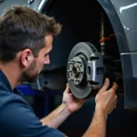 Mechanic Inspecting Car Brakes in Flint