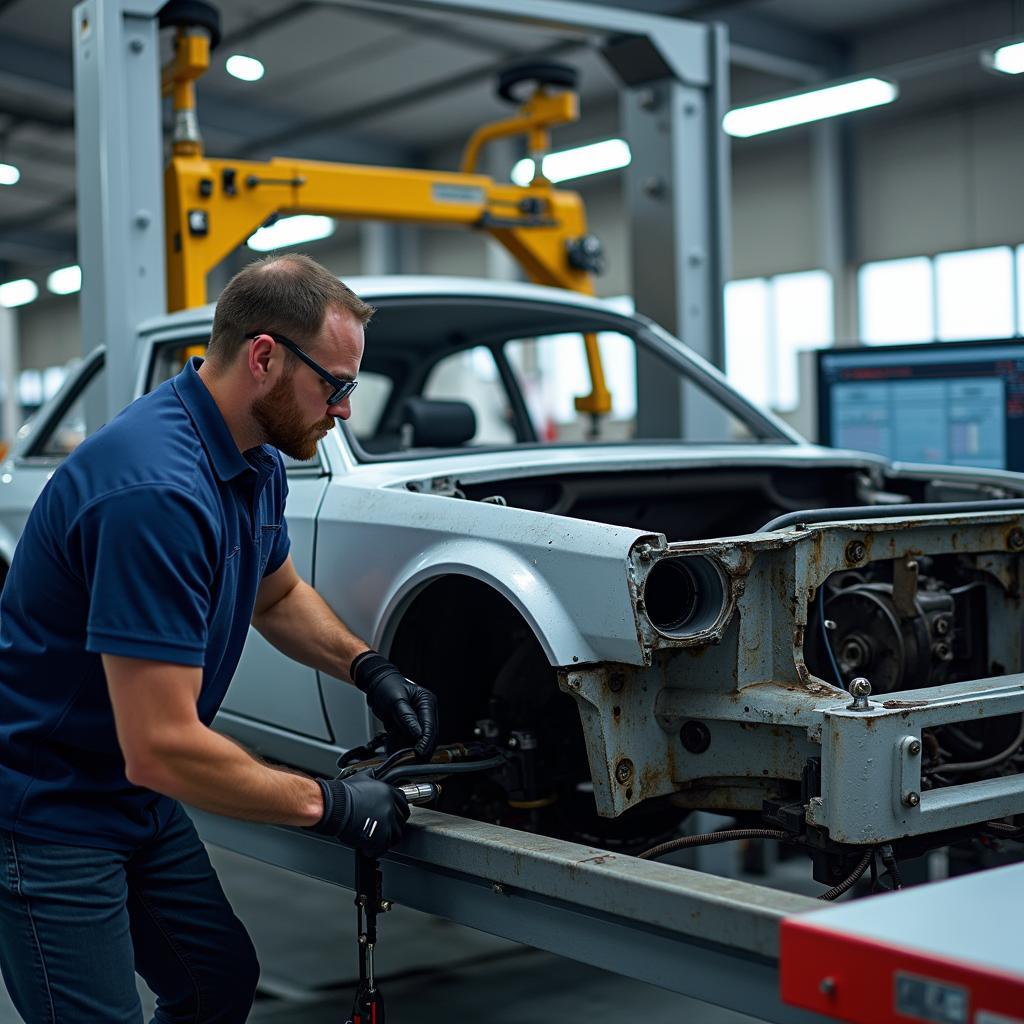 The Frame Straightening Process in a Car Repair Shop