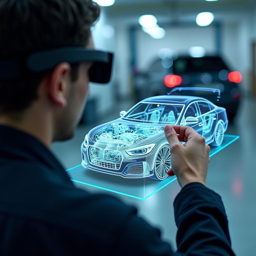 Future Car Service AR Experience: Conceptual illustration depicting a person using augmented reality to interact with an animated 3D model of a car engine during a service.