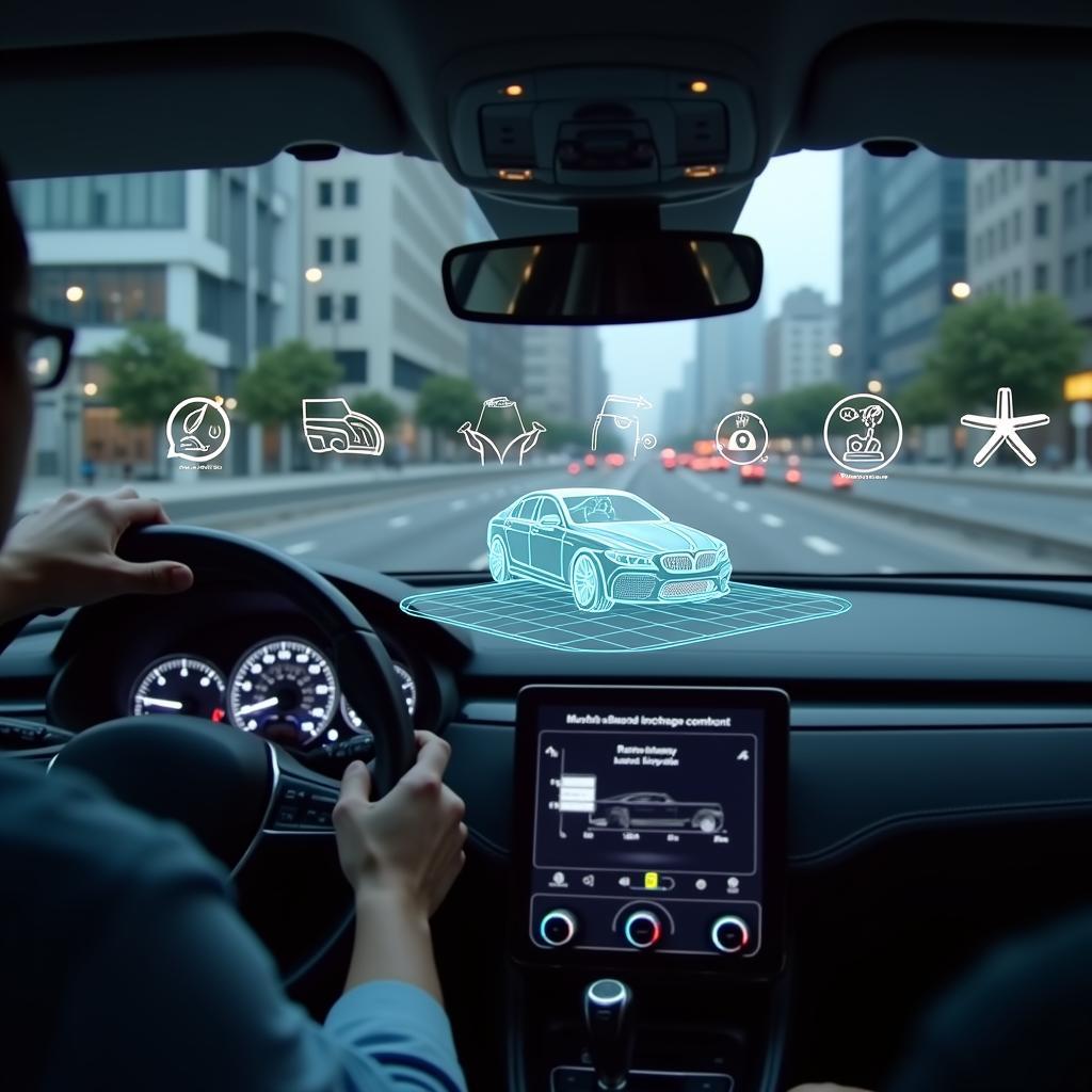 Futuristic AR/VR interface for car service with interactive glyph icons.