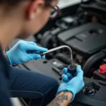 Woman checking her car's oil level