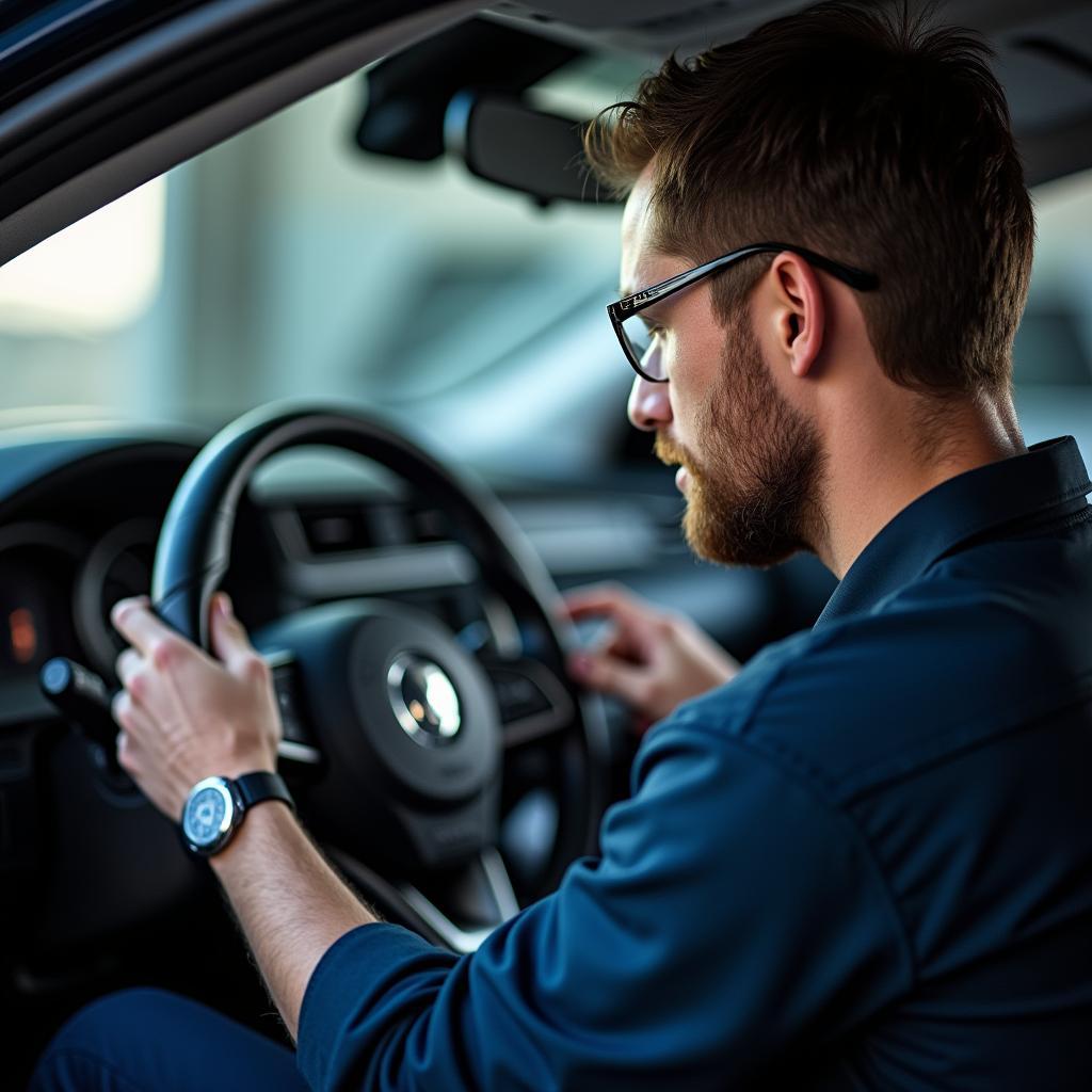 Technician Using Diagnostic Tool on a Car