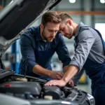 Mechanic inspecting a car at a GS car service center in Meerut