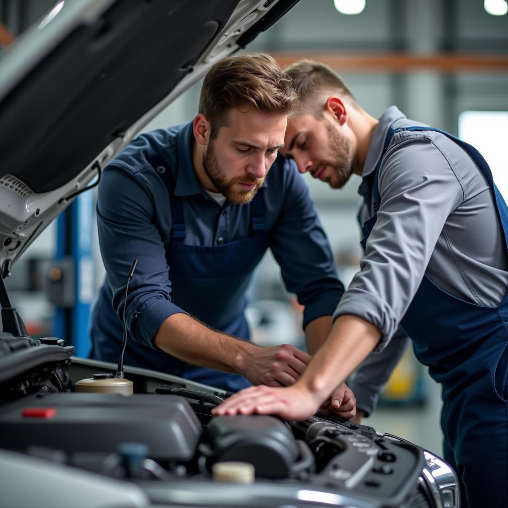 Mechanic inspecting a car at a GS car service center in Meerut