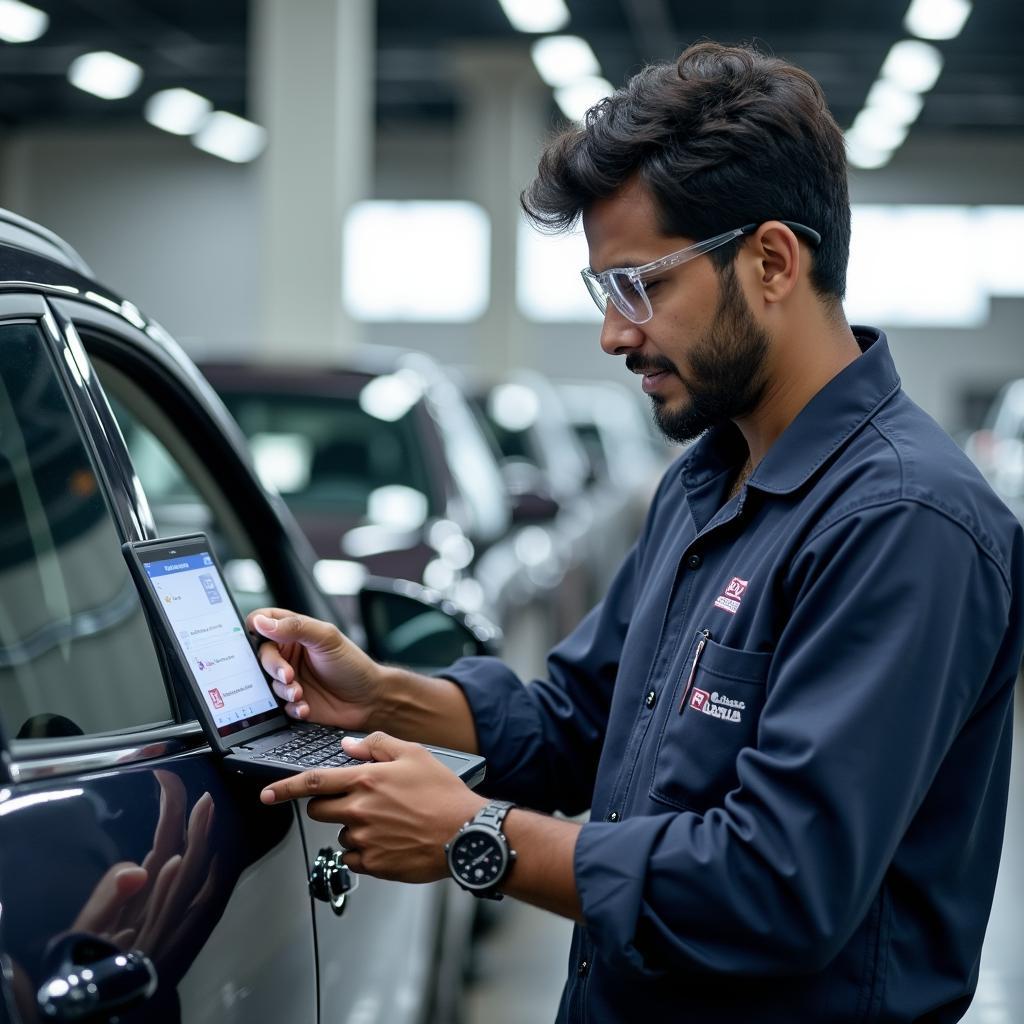 Experienced car service technician performing diagnostics in Guduvanchery