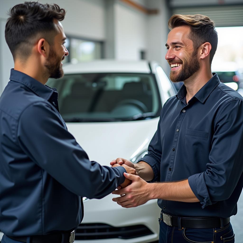 Happy Car Owner with Mechanic After Repair