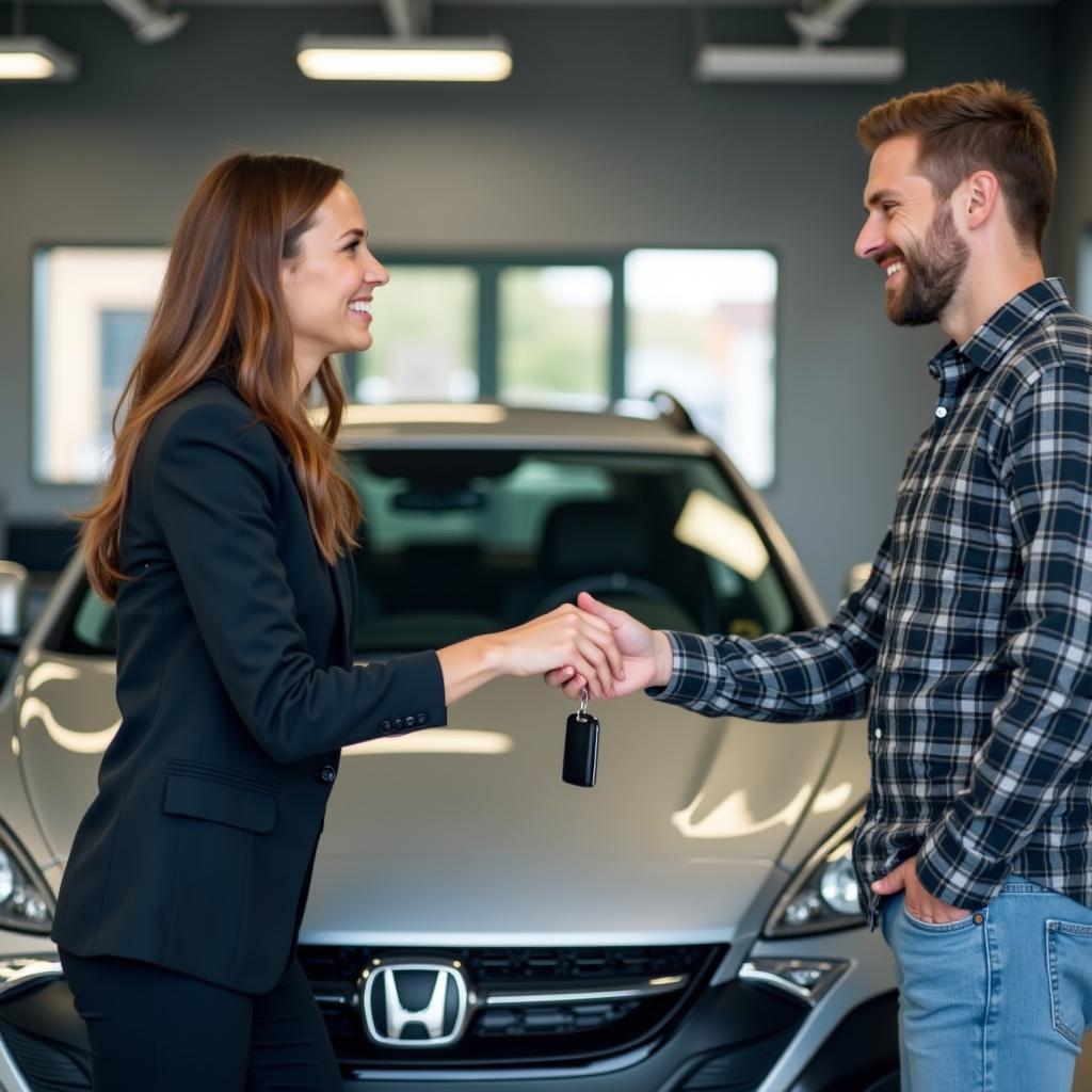 Happy Customer Receiving Car Back from Customer-Focused Car Service