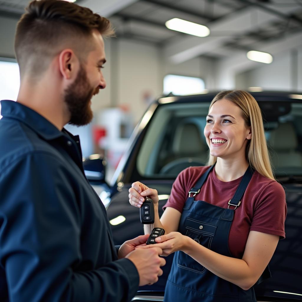 Happy Customer Receiving Car Keys from Mechanic