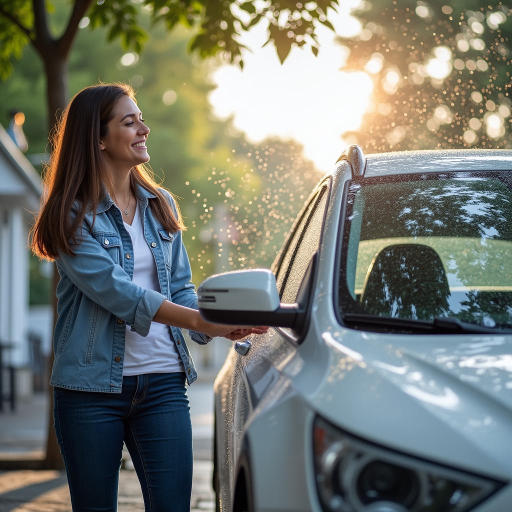 Satisfied Customer Admiring Their Clean Car After a Mobile Car Wash