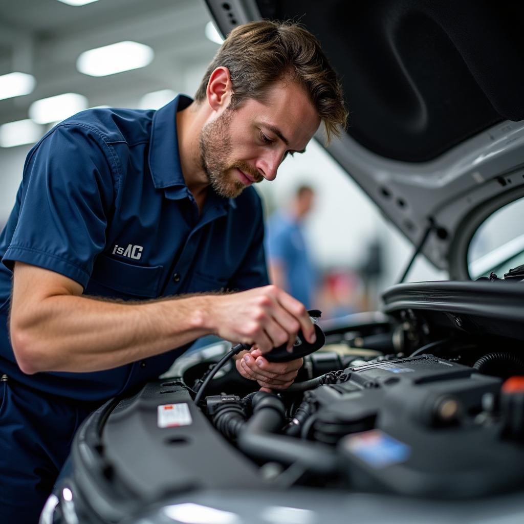 Experienced car service technician inspecting a car engine in Helston