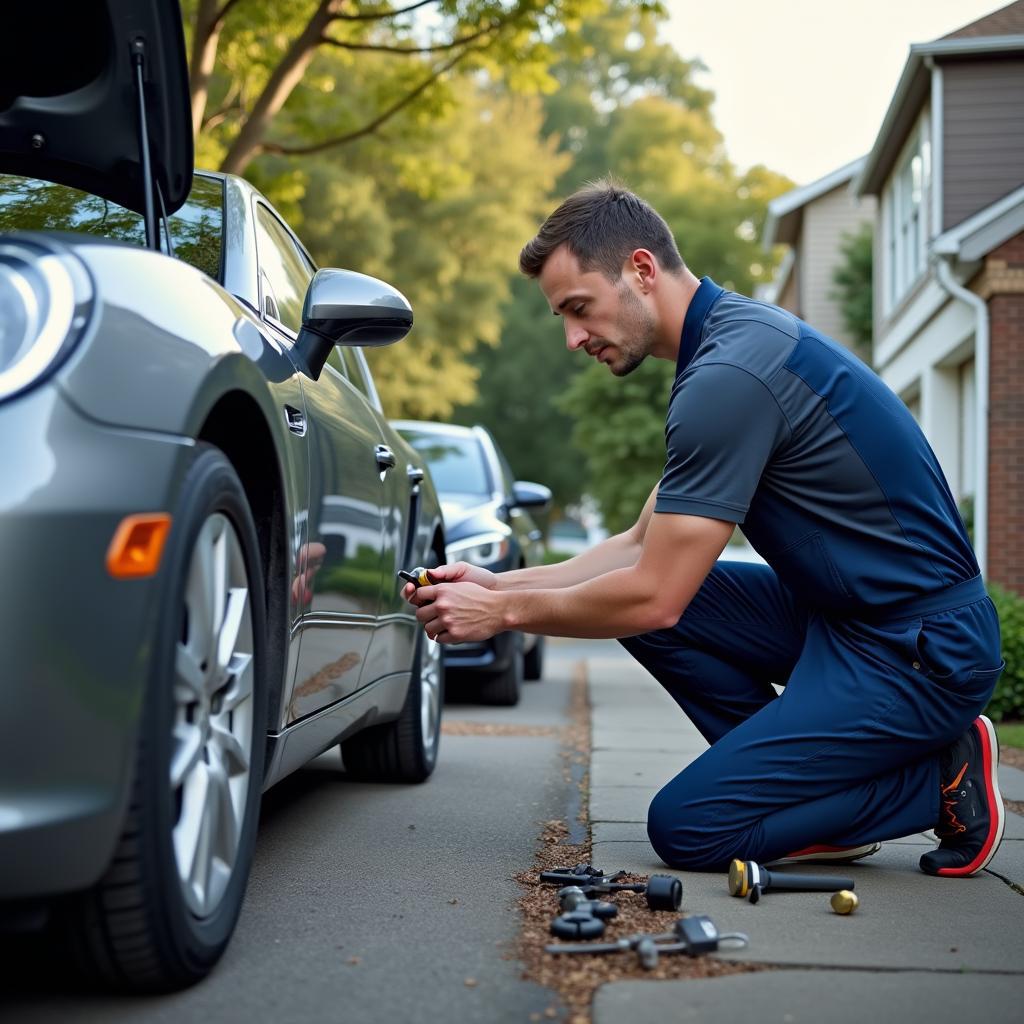 Technician Performing Home Car Repair in Hyderabad