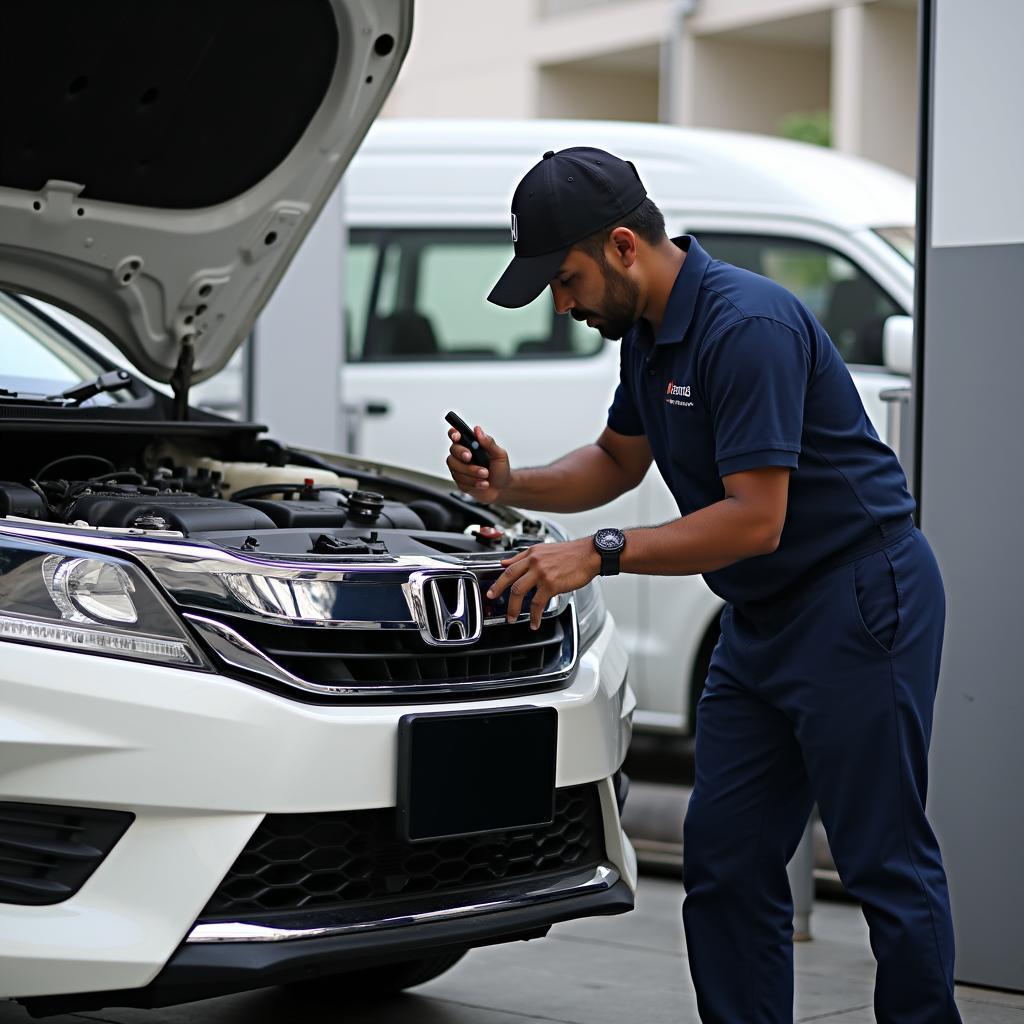 Routine maintenance being performed on a Honda car at a service centre in Angamaly