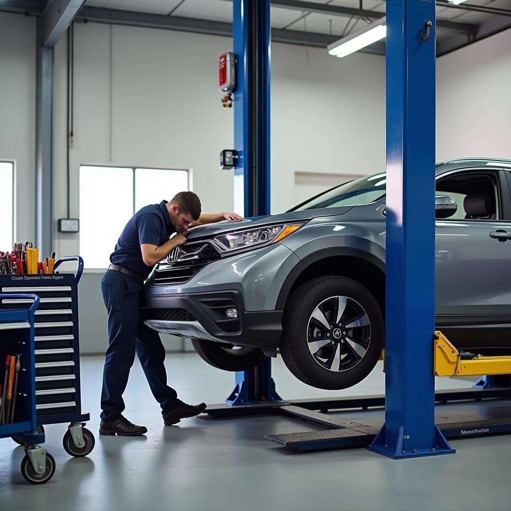 Honda CRV undergoing regular maintenance at a Satara service center.