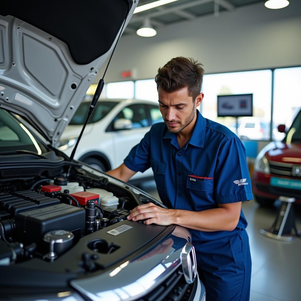 Honda Technician Working on a Car at a Service Center near Kanakapura Road