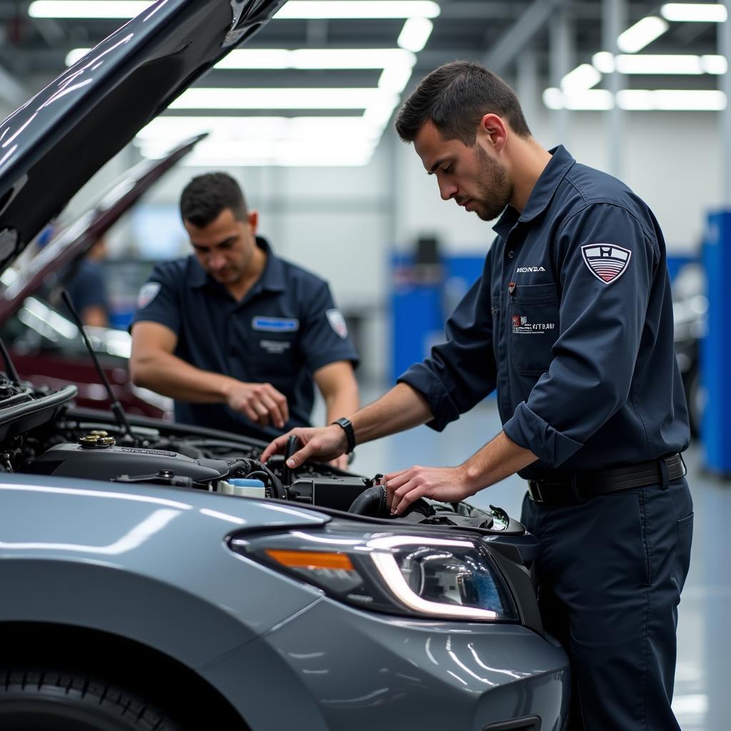 Honda Service Center Technicians Working on a Car