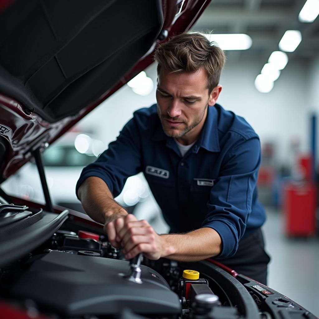 Honda Certified Technician working on a car engine in a modern service centre near Thannisandra