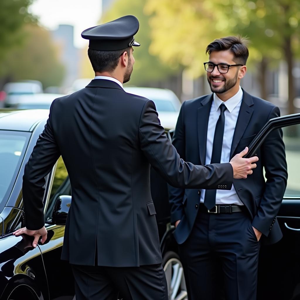 Chauffeur opening car door for business executive