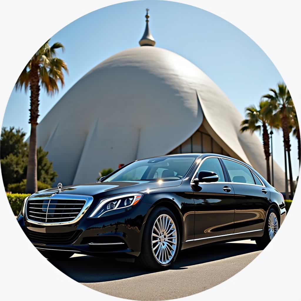 Luxury sedan parked in front of a Los Angeles landmark