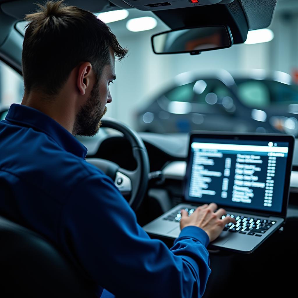 Mechanic Using Diagnostic Software on Electric Vehicle