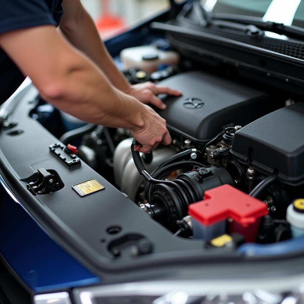 Mechanic inspecting the engine compartment of a Hyundai Eon during a service.