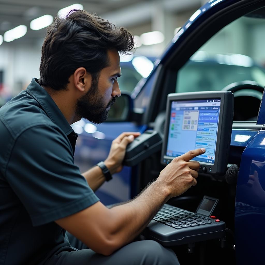 Indian car mechanic performing a diagnostic test using a computer