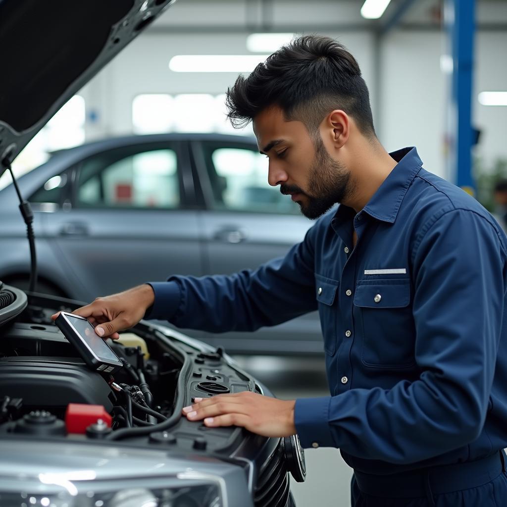 Mechanic Inspecting a Car at an Indian Car Service Center