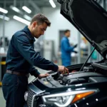 Infiniti Car Service Center Technician Working on an Engine