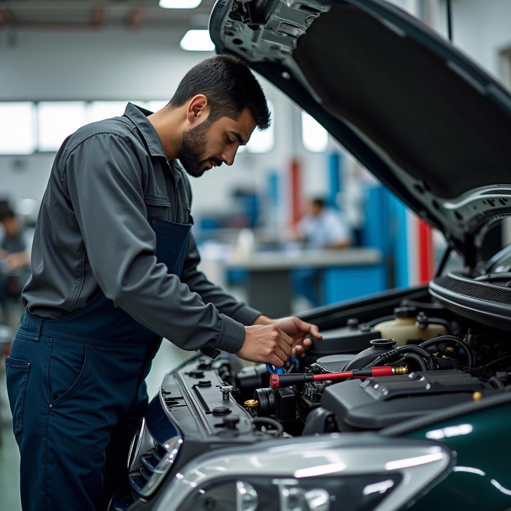 Mechanic working on a car in a Jammu car service center